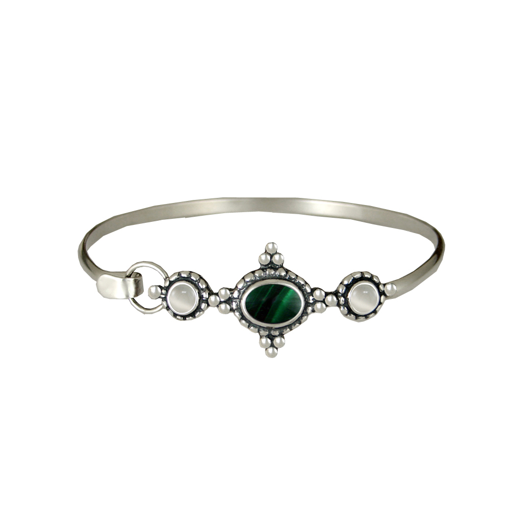 Sterling Silver Gemstone Strap Latch Spring Hook Bangle Bracelet Malachite And White Moonstone